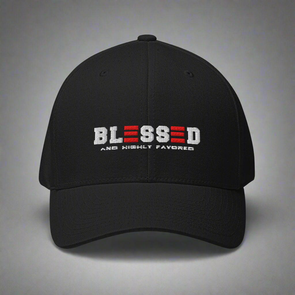 Black cap with 'BLESSED AND HIGHLY FAVORED' text on a gray background