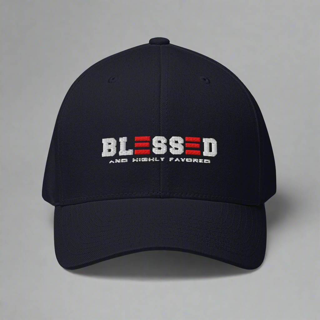 Black cap with 'BLESSED AND HIGHLY FAVORED' text on gray background