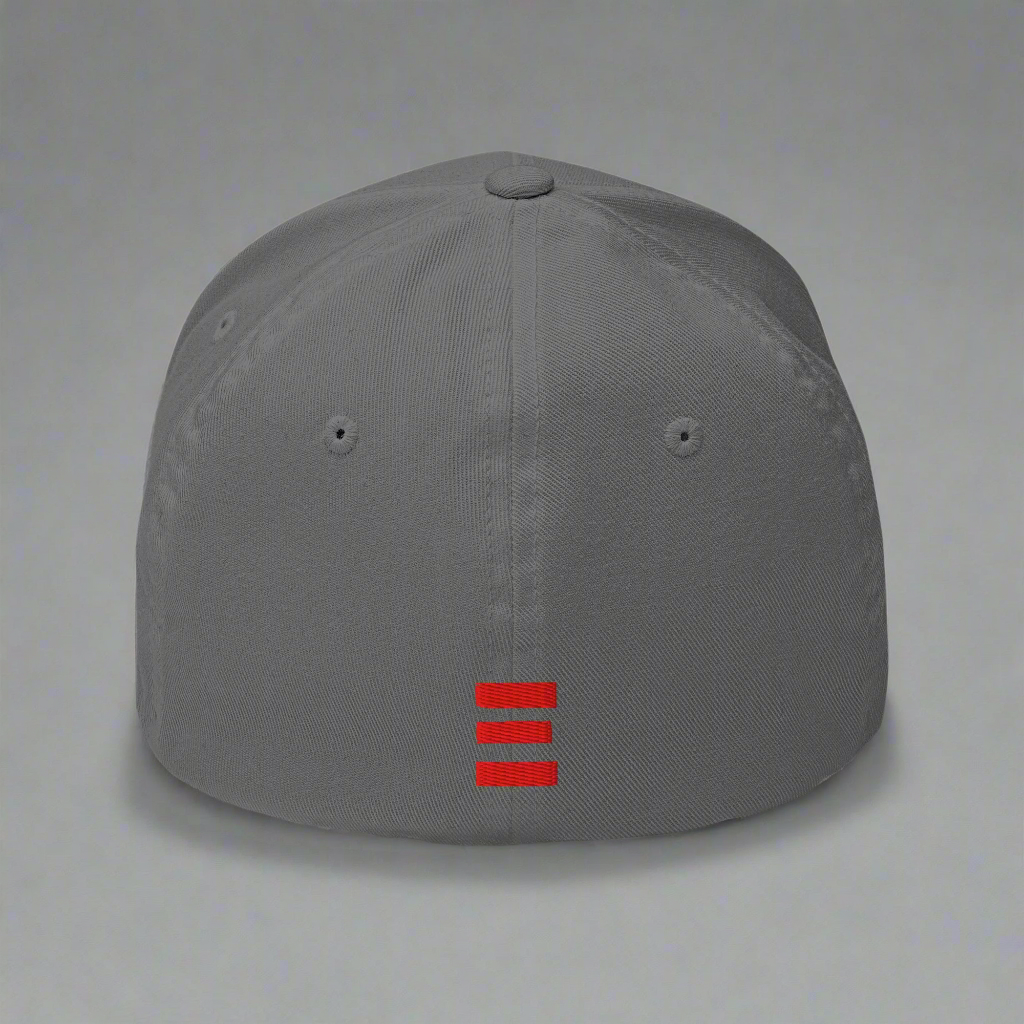 Gray cap with red logo on a gray background