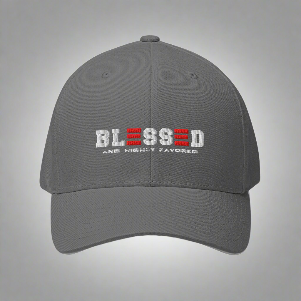 Gray cap with 'BLESSED AND HIGHLY FAVORED' text on a gray background