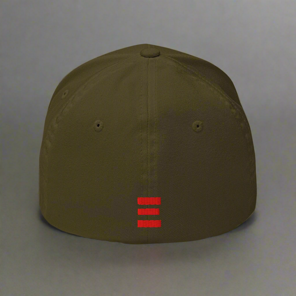 olive cap with a red equal sign symbol on a gray background