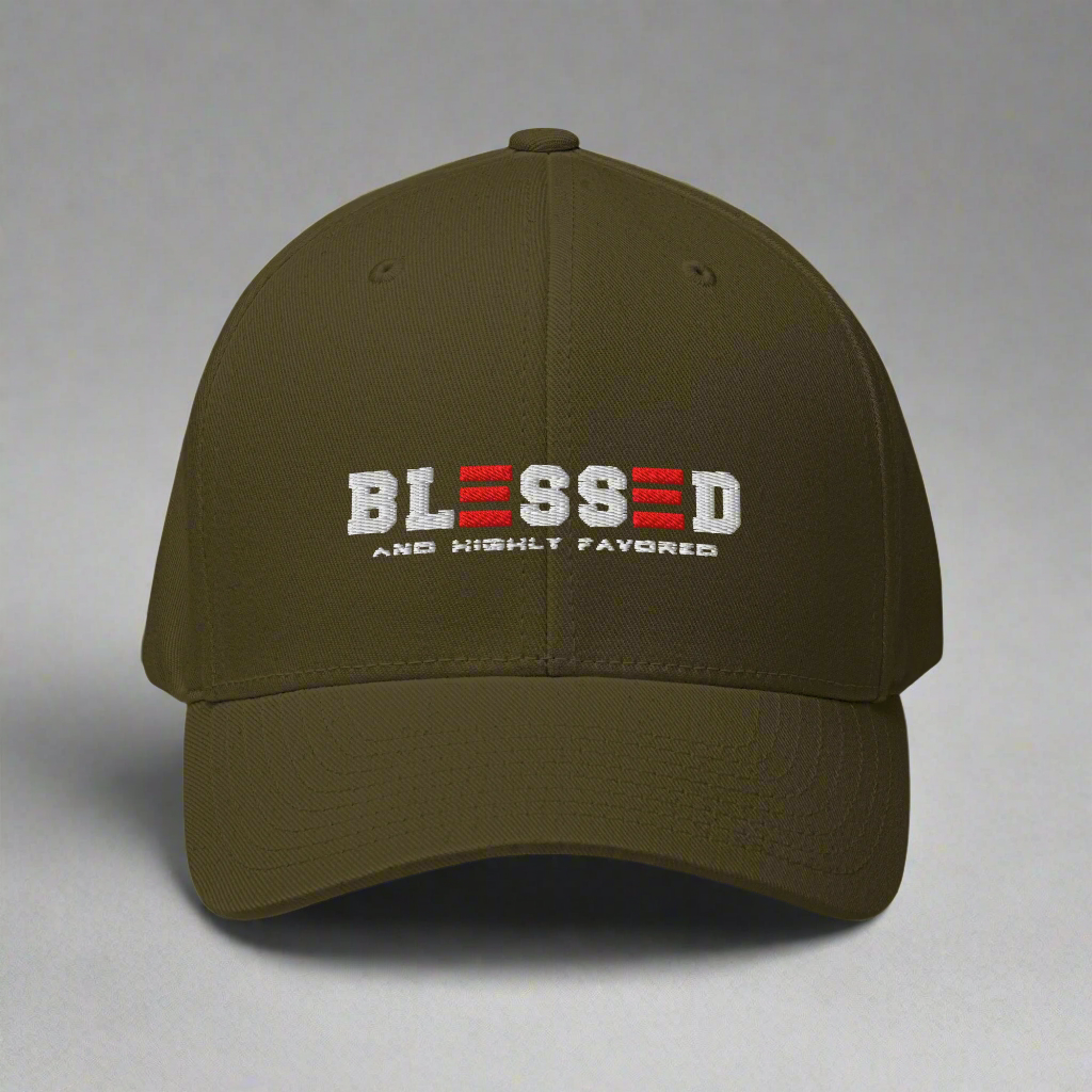 Olive cap with 'BLESSED AND HIGHLY FAVORED' text on a gray background