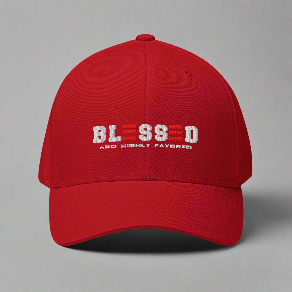 Red cap with 'BLESSED AND HIGHLY FAVORED' text on a gray background
