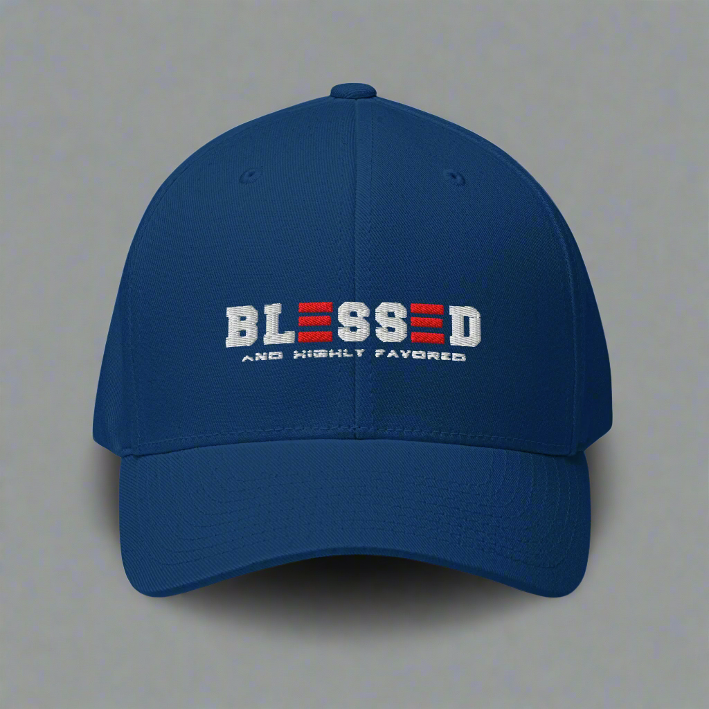 royal blue cap with 'BLESSED AND HIGHLY FAVORED' text on a gray background