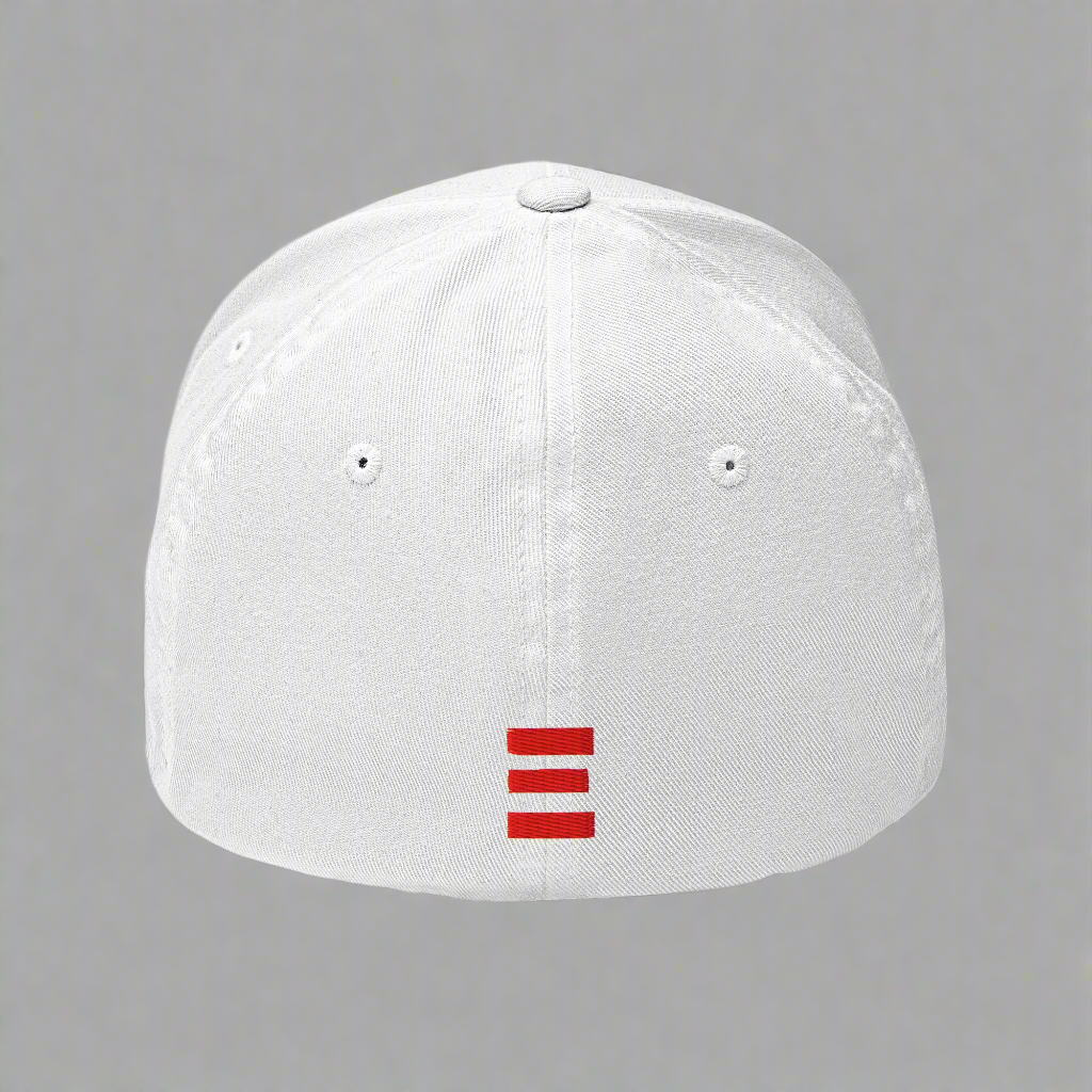 White cap with a red logo on a gray background
