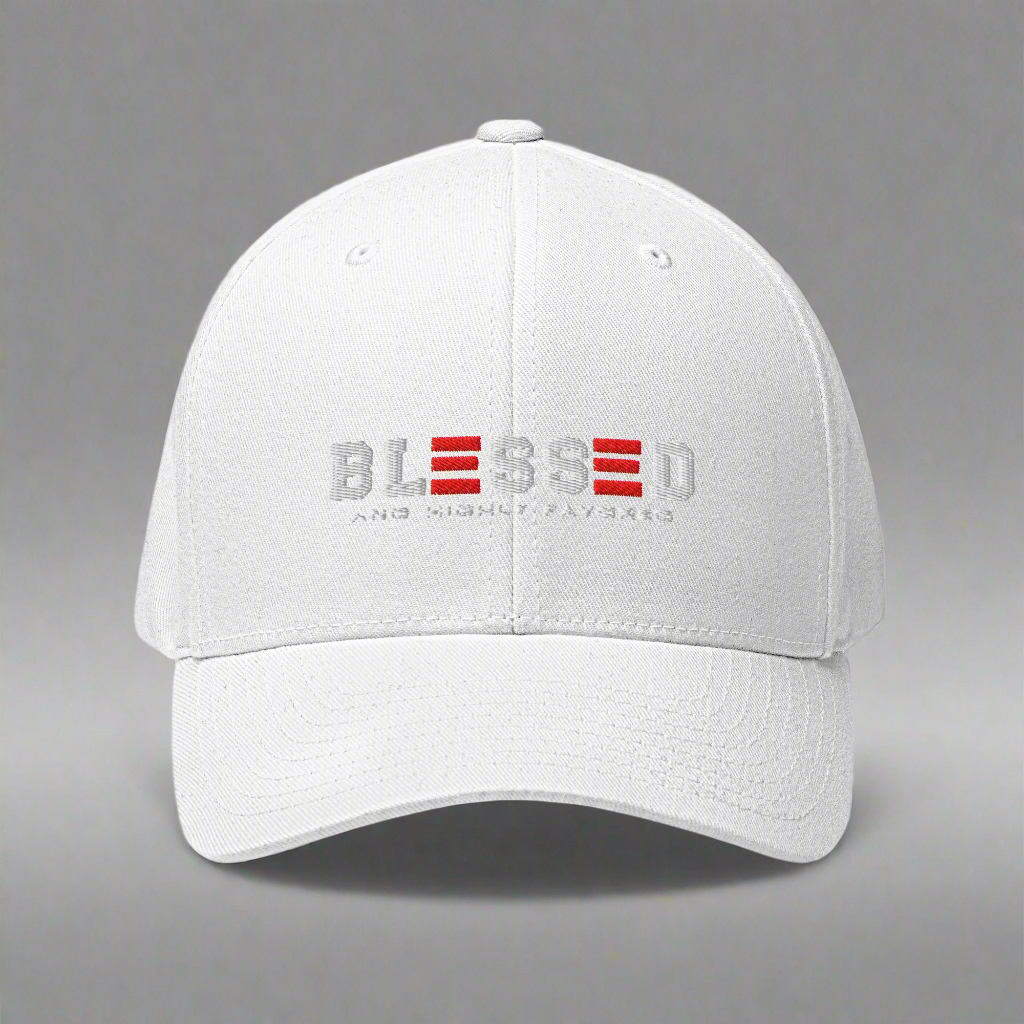 White cap with 'BLESSED' text on a gray background