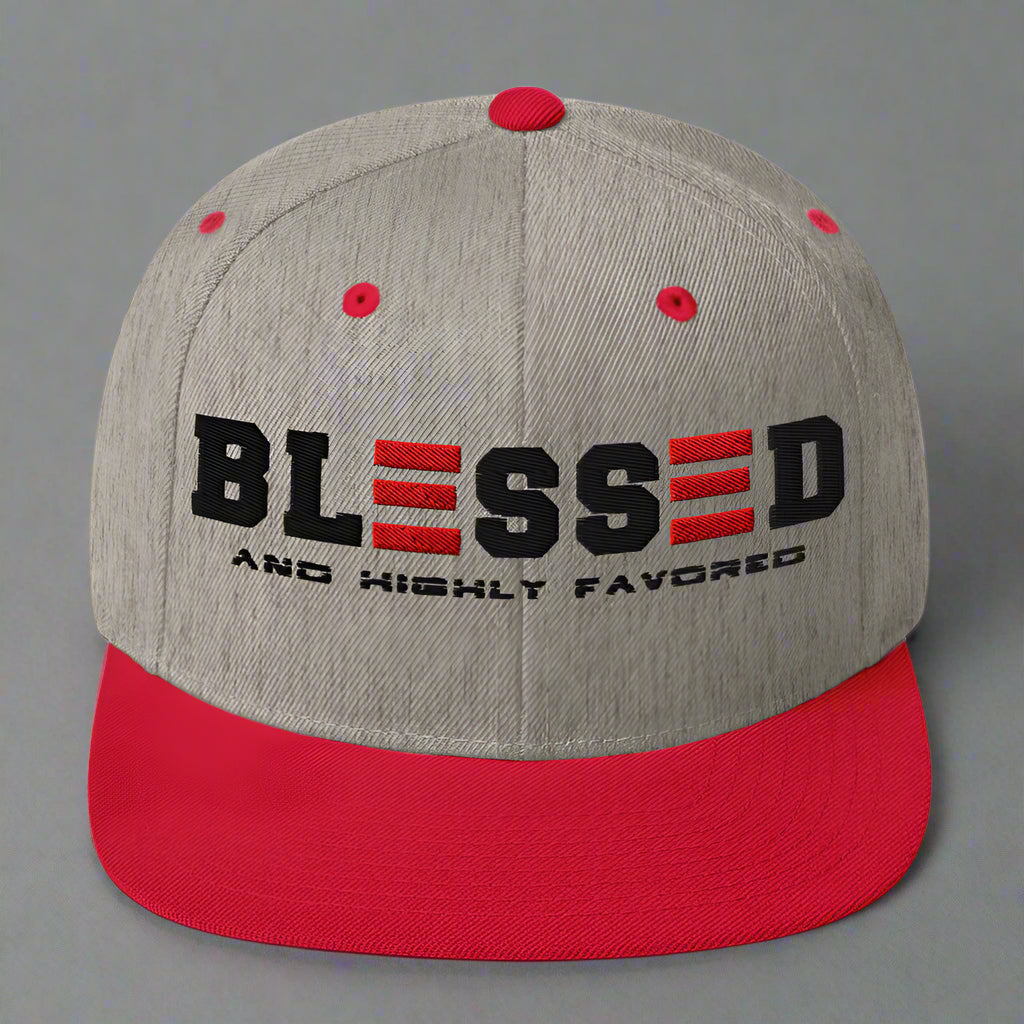 Heather Grey Red cap with 'BLESSED AND HIGHTLY FAVORED' text on a white background