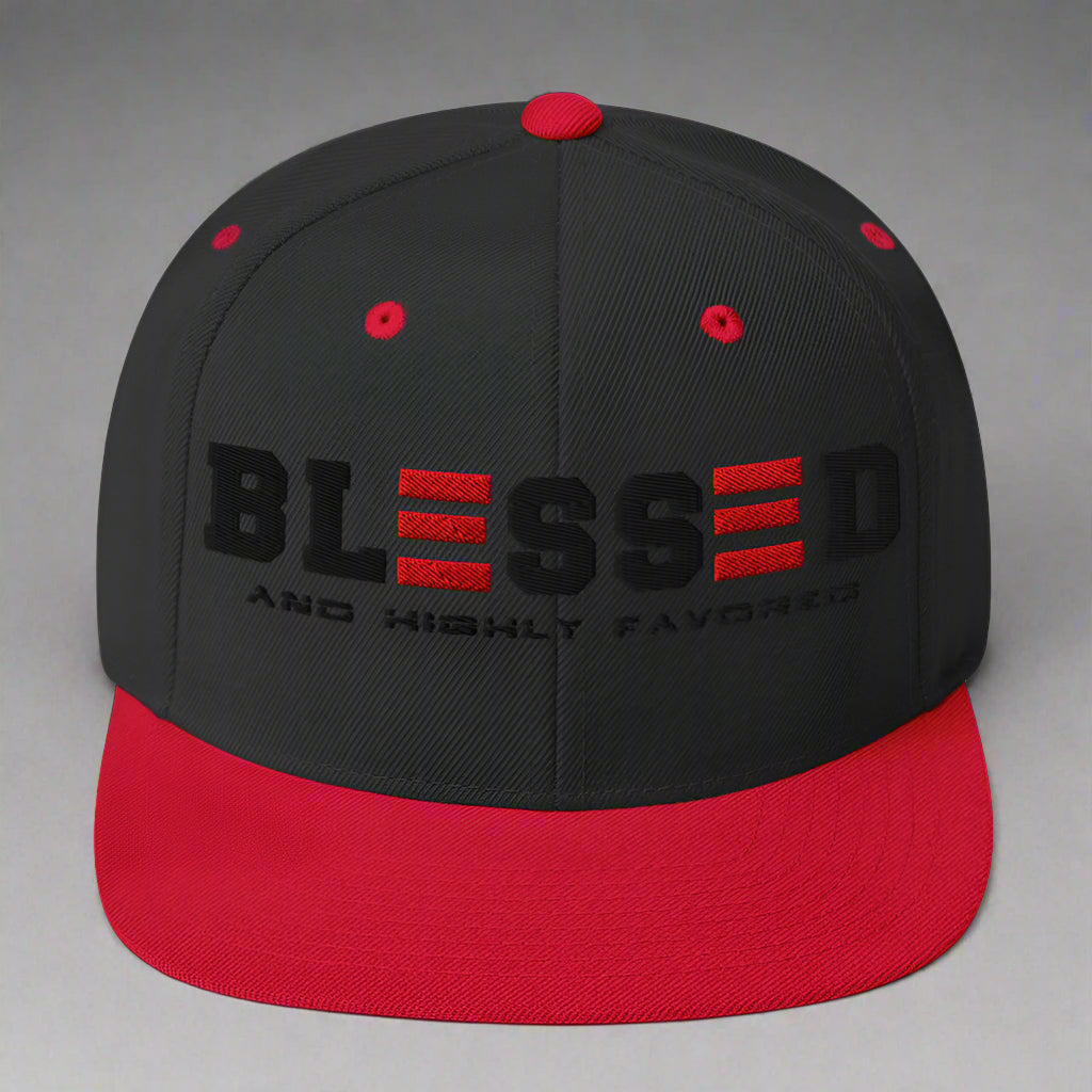 Black and Red cap with 'BLESSED AND HIGHTLY FAVORED' text on a white background
