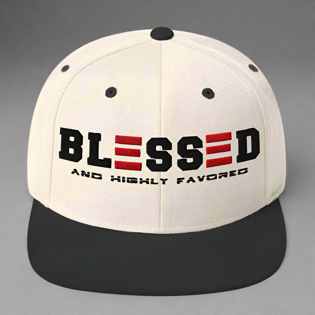 Natural Black cap with 'BLESSED AND HIGHTLY FAVORED' text on a white background