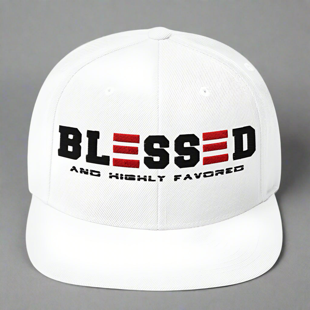 White cap with 'BLESSED AND HIGHTLY FAVORED' text on a white background