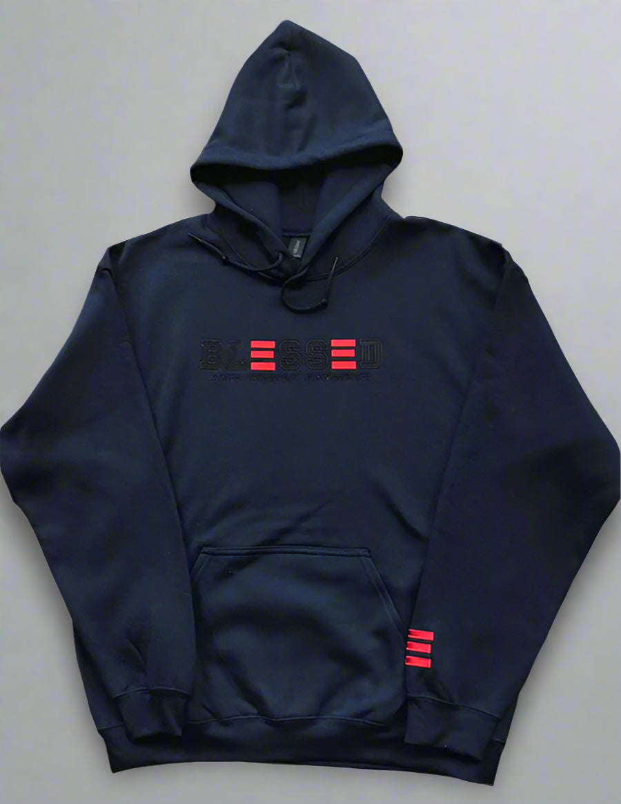 Navy blue hoodie with red text and stripes on a white background