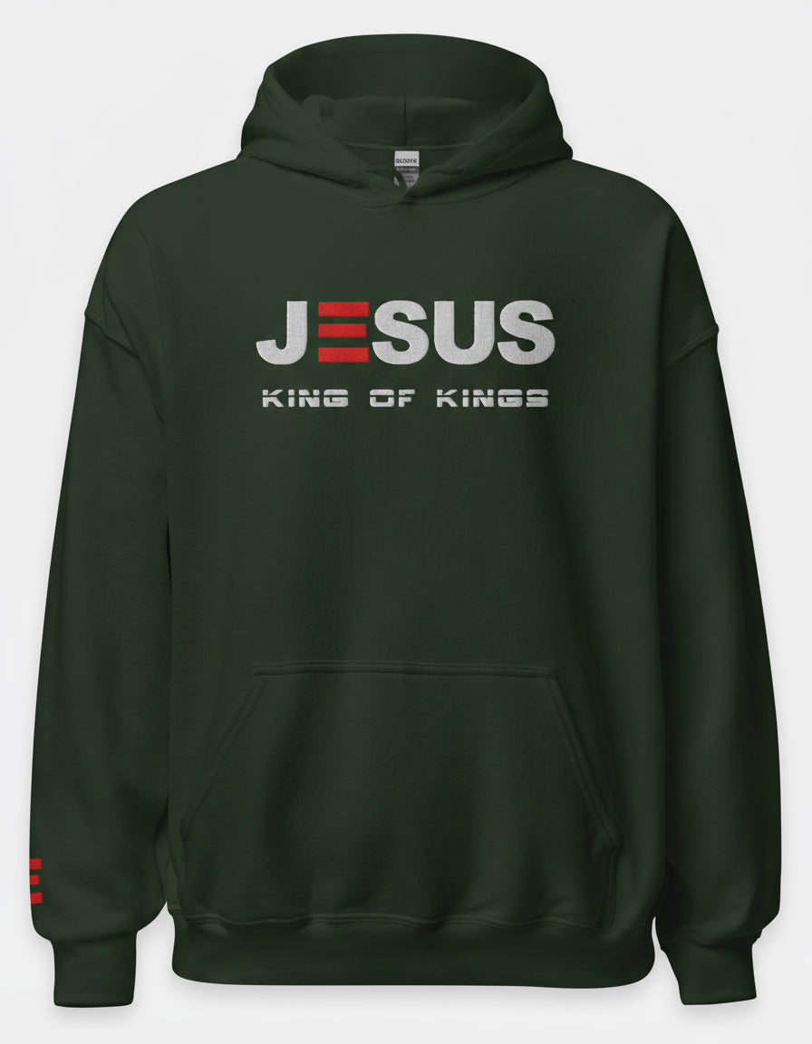 forest green hoodie with 'Jesus King of Kings' text on a gray background