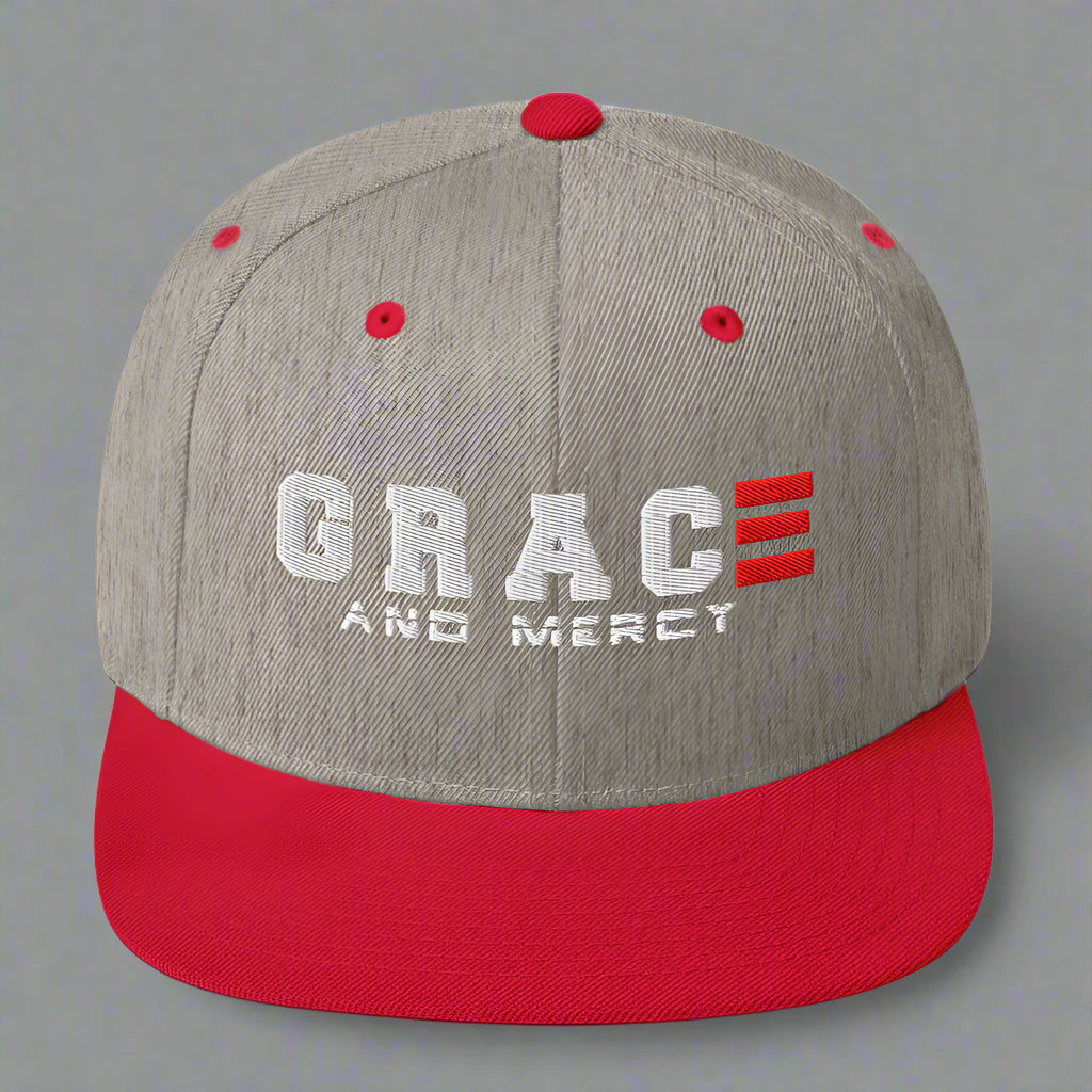 grace and mercy classic-snapback-heather-grey-red-front