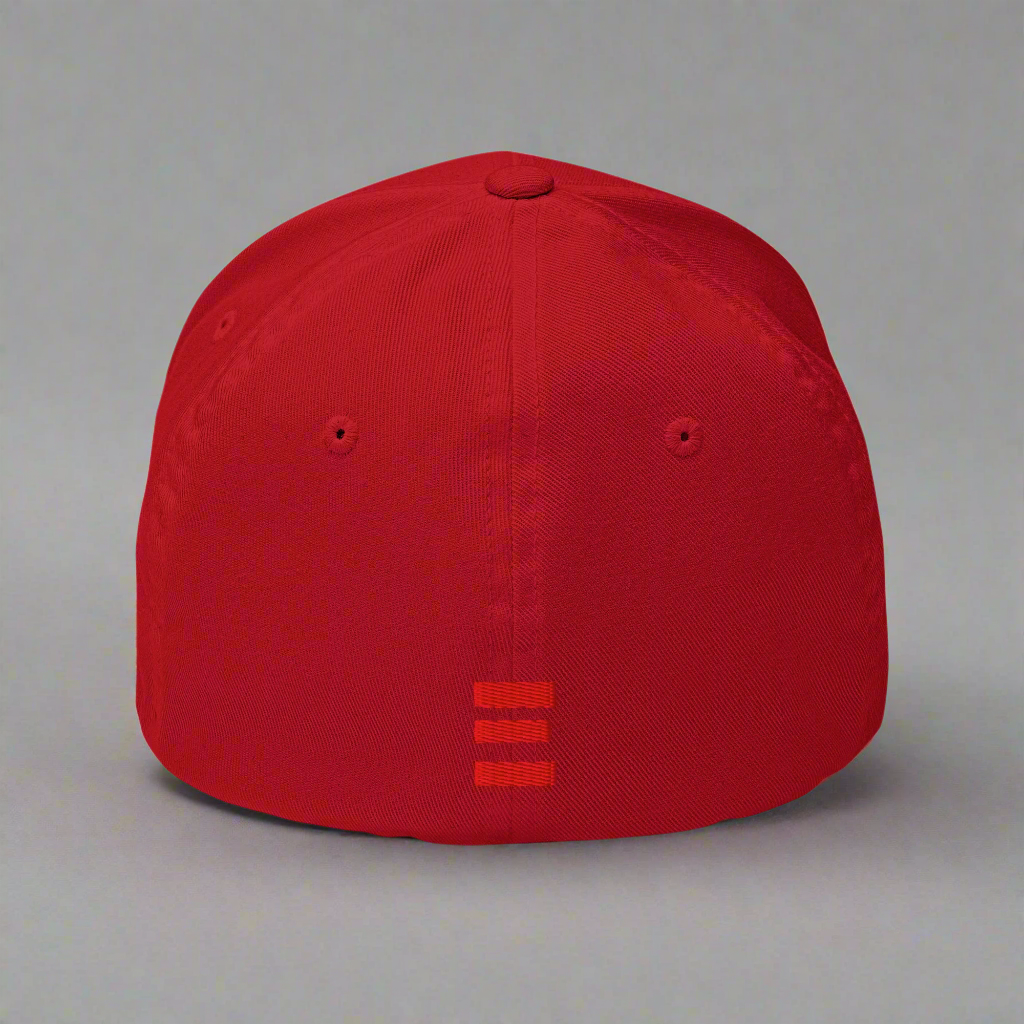 Red cap with a small logo on a gray background
