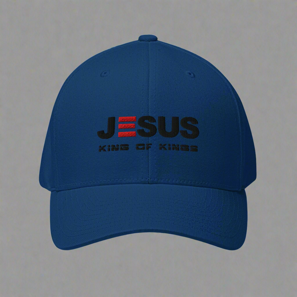 Blue cap with 'Jesus King of Kings' text on a gray background