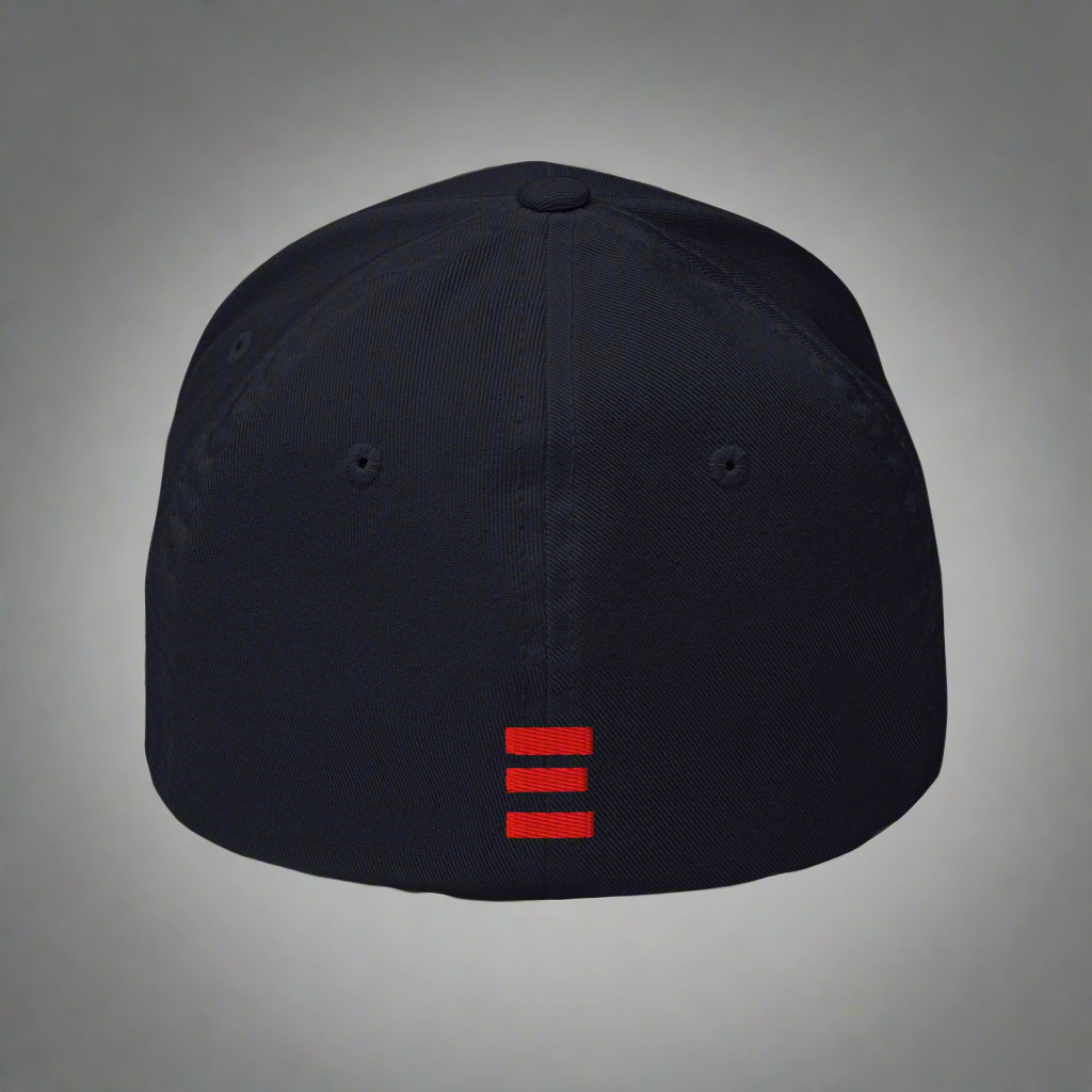 Black cap with a red logo on a grey background