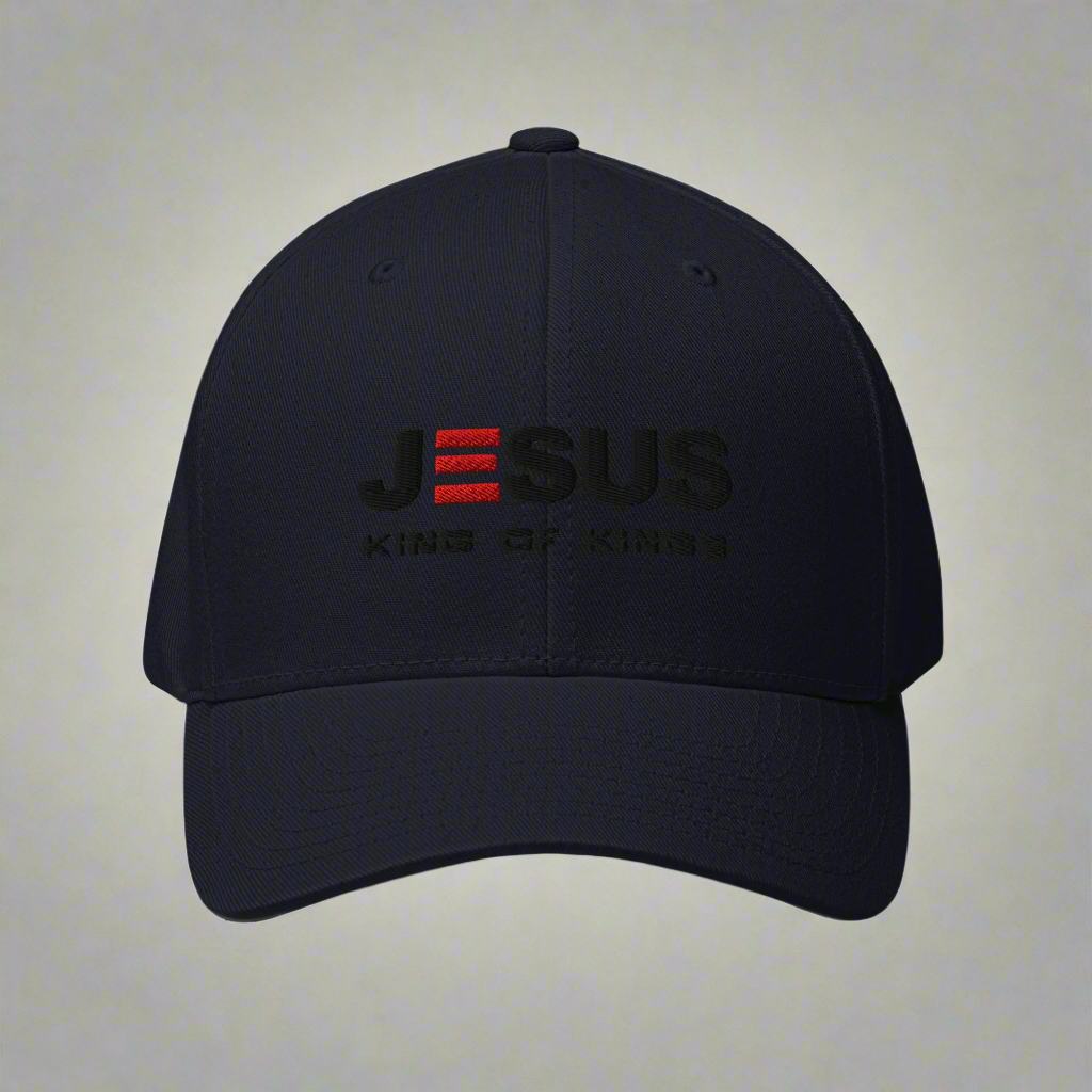 Black cap with 'Jesus King of Kings' text on a white background