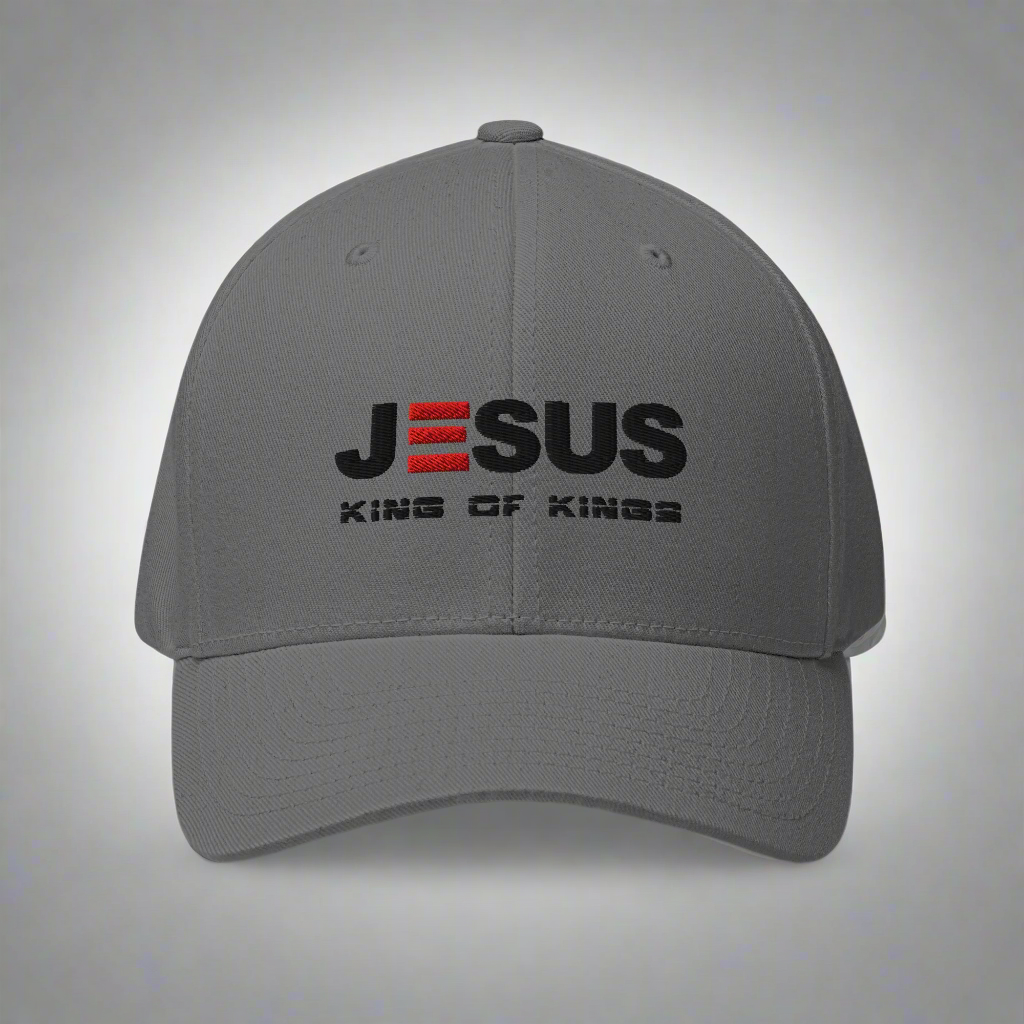 Gray cap with 'Jesus King of Kings' text on a white background
