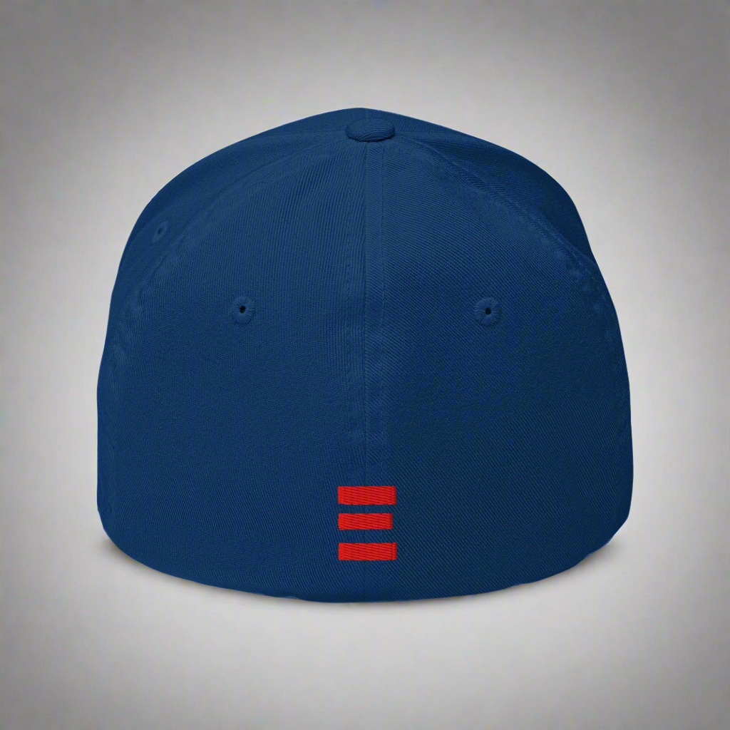 Blue cap with a red logo on a gray background