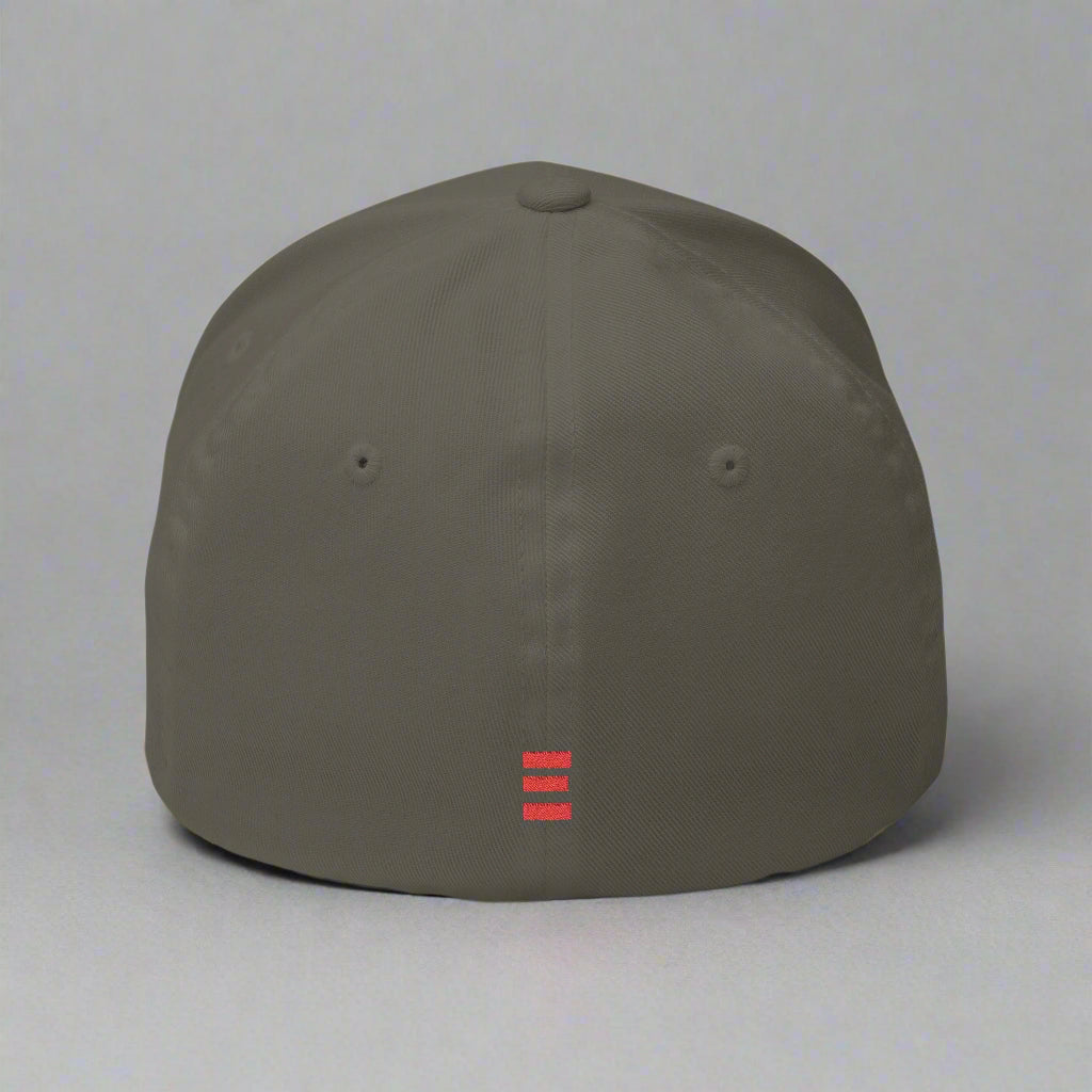 olive cap with a red logo on a white background