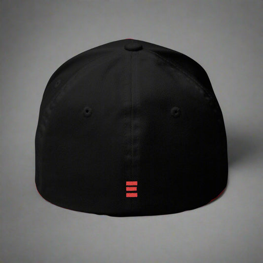 Black cap with a red logo on a gray background