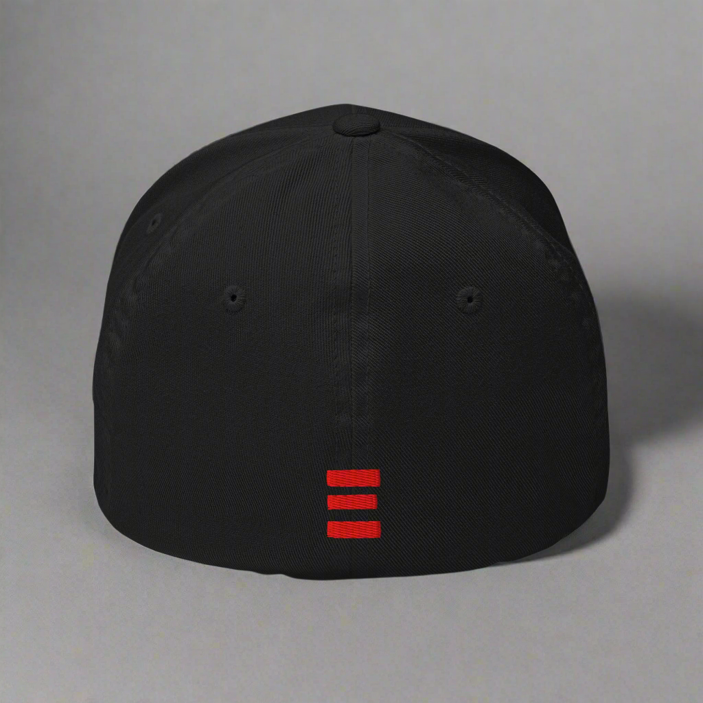 Black cap with a red logo on a gray background