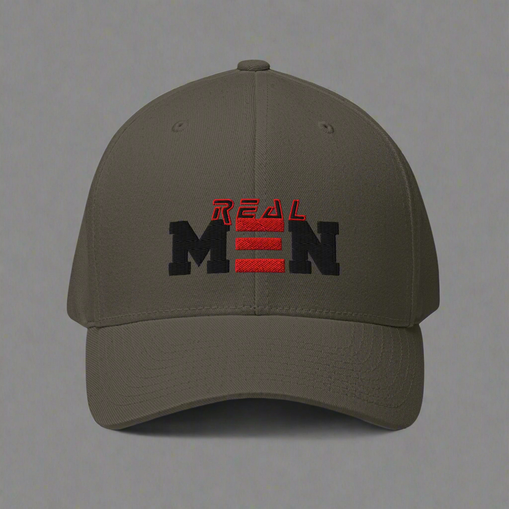 Dark gray cap with 'REAL MEN' text in red and black on a gray background