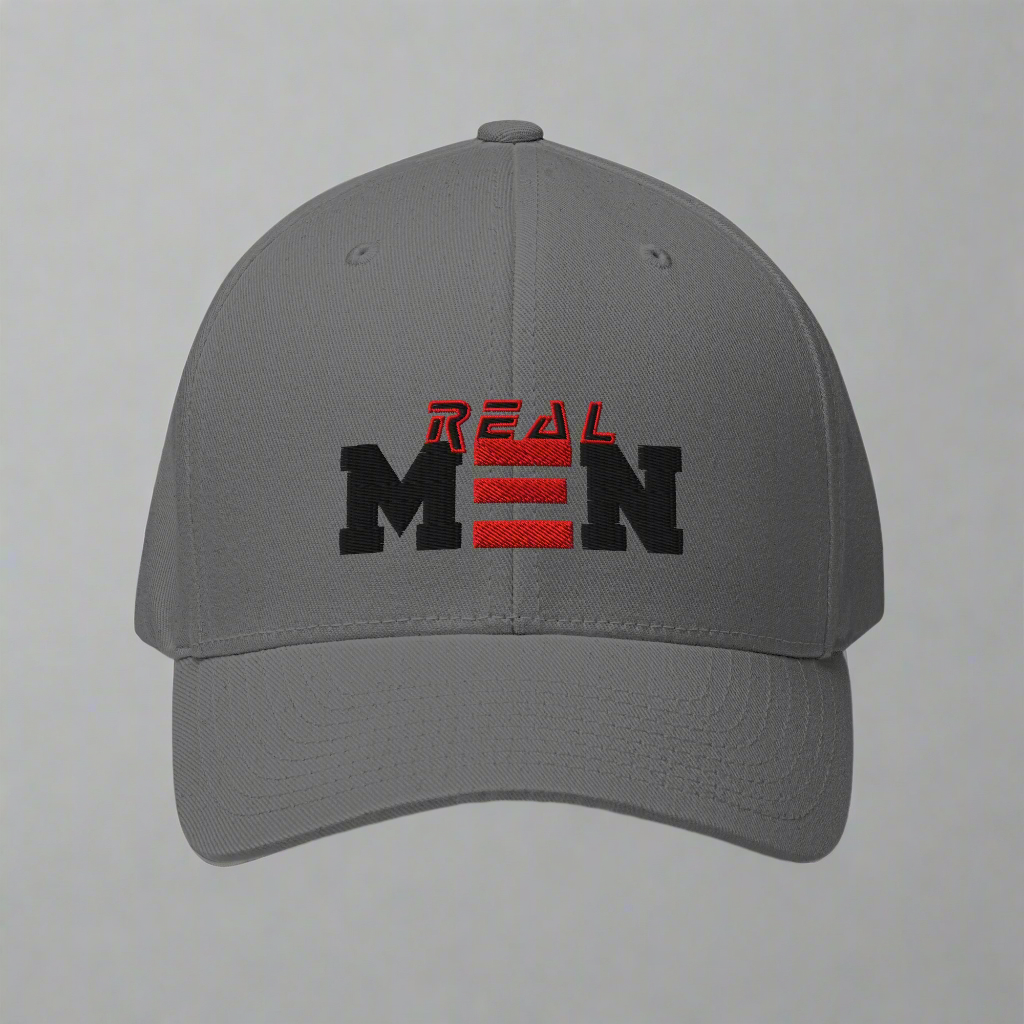 Gray cap with 'Real Men' text on a grey background