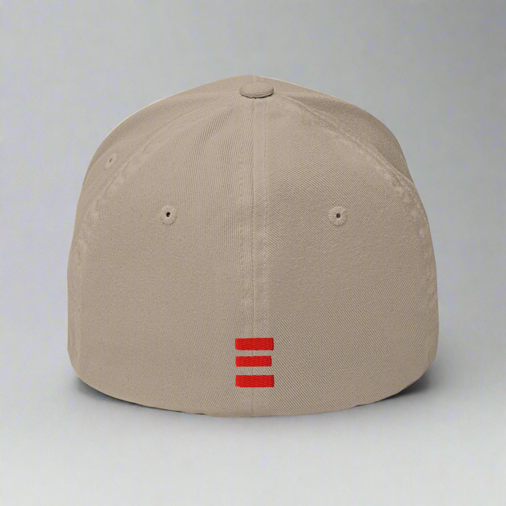 Beige cap with a red logo on a white background