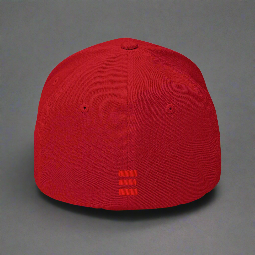 Red cap with a small logo on a white background