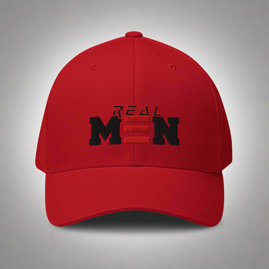 Red cap with 'Real Men' text on a white background