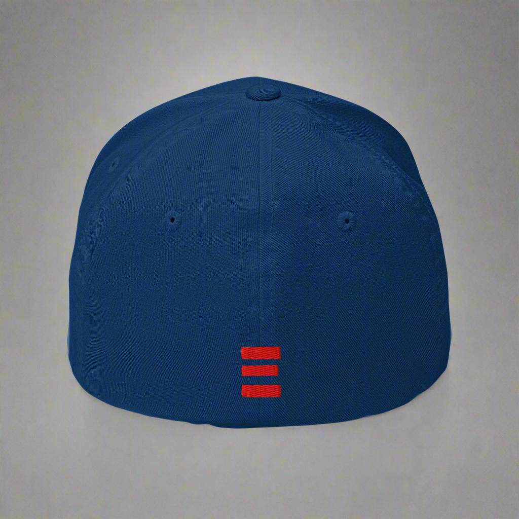 Blue cap with red logo on a grey background