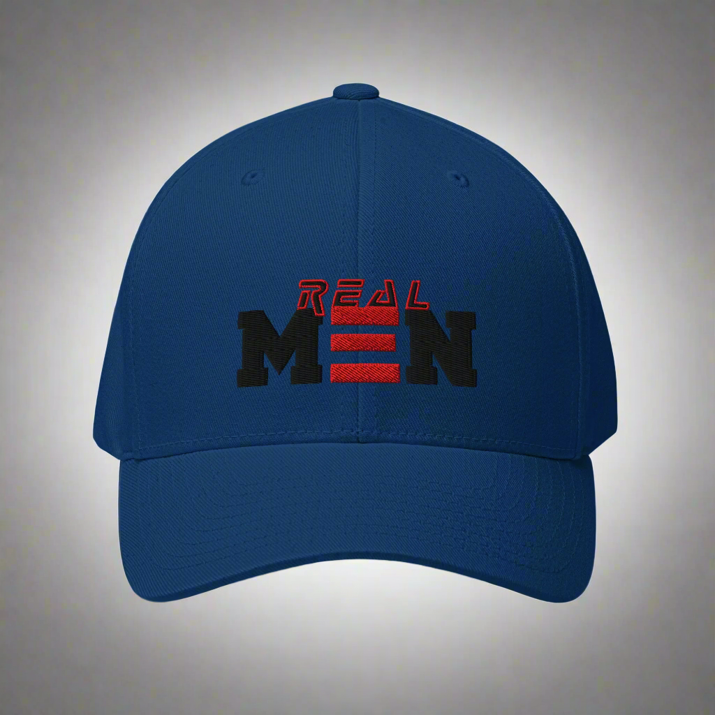 Blue cap with 'Real Men' text in red and black on a white background