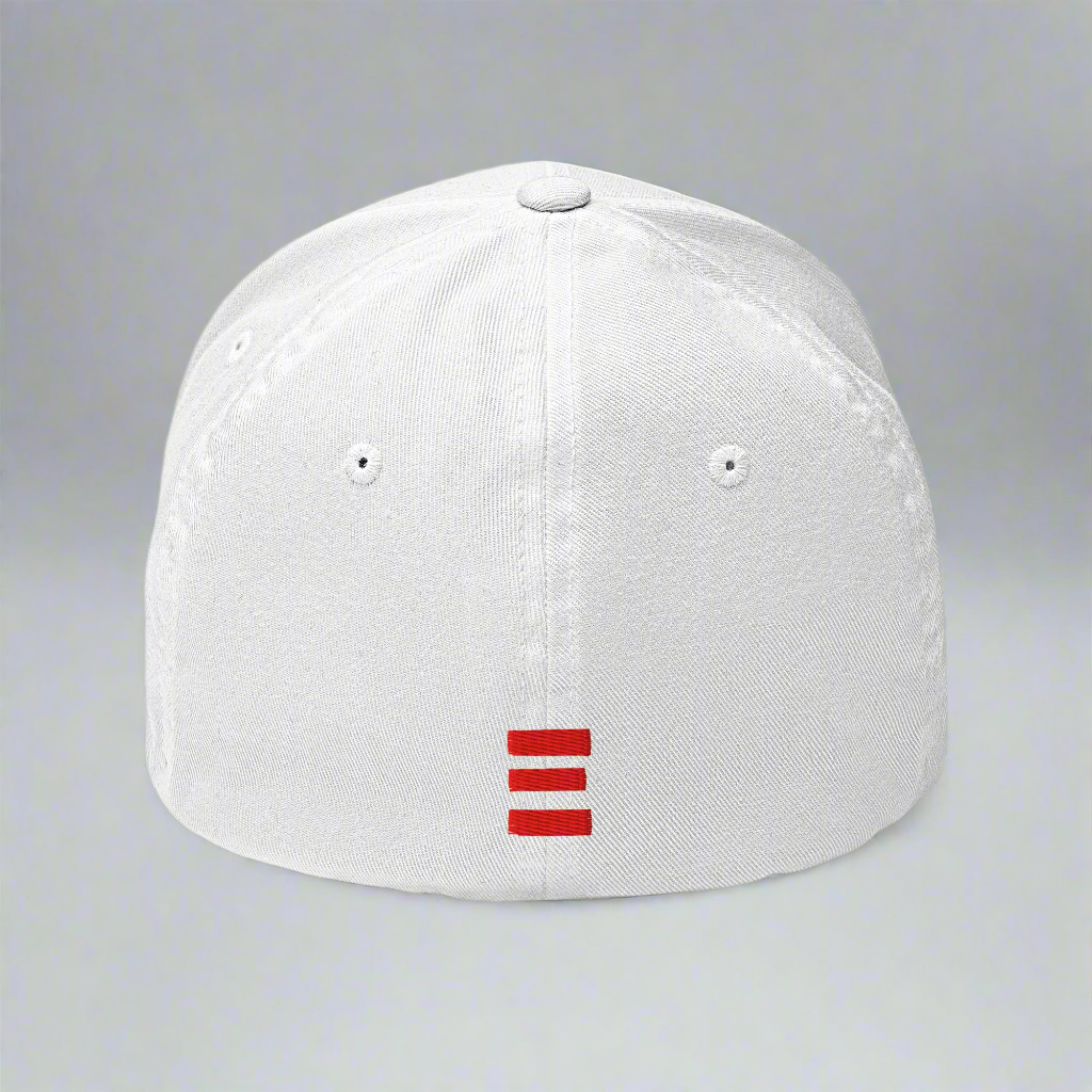 White cap with a red logo on a white background