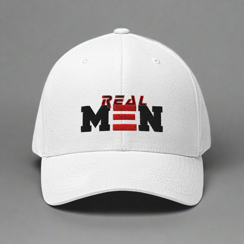 White cap with 'REAL MEN' text on a grey background