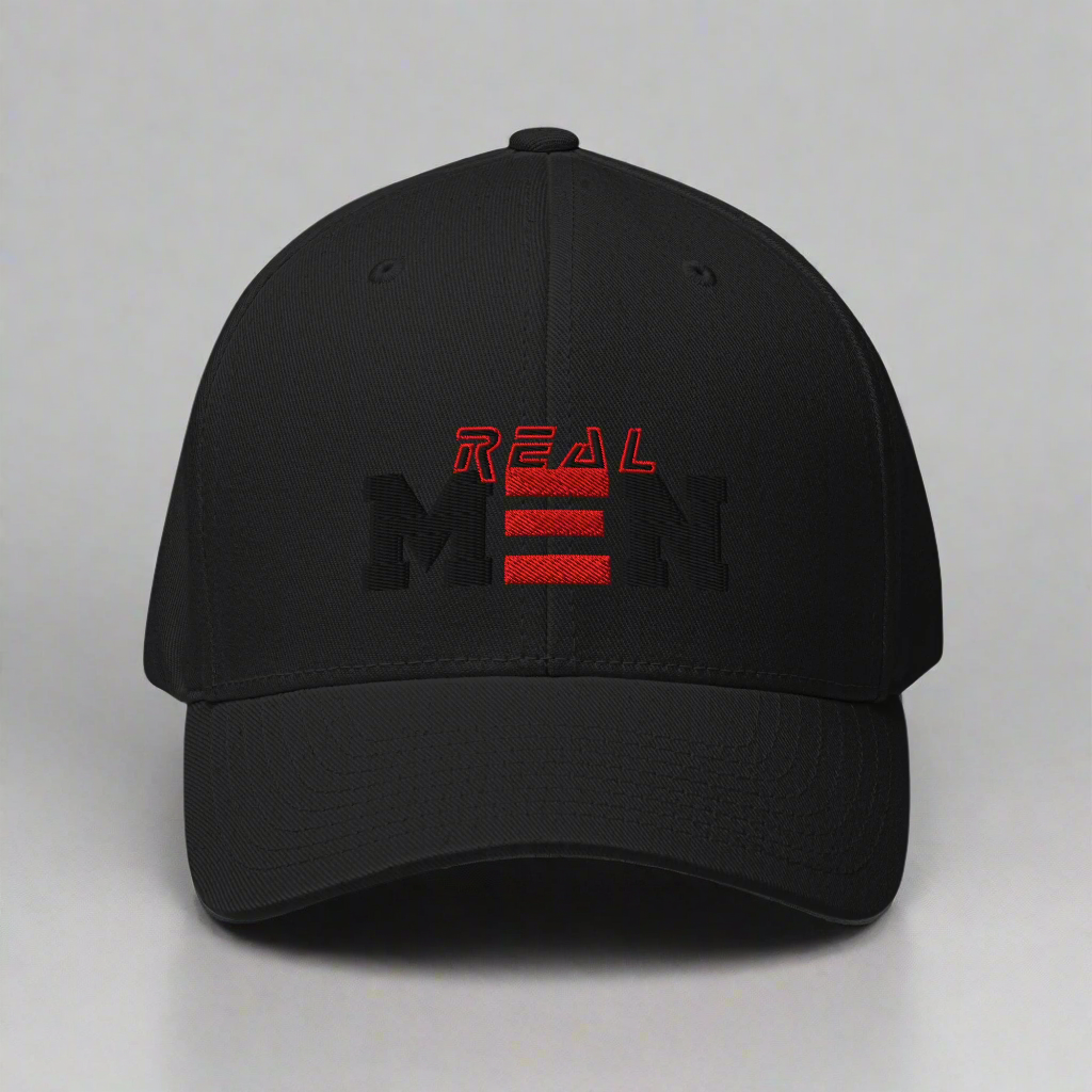 Real Men Black cap with red text on a gray background