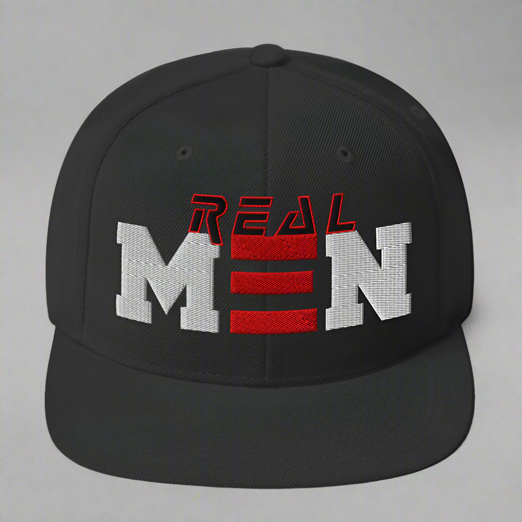 Black cap with 'REAL MEN' text in red and white on a white background