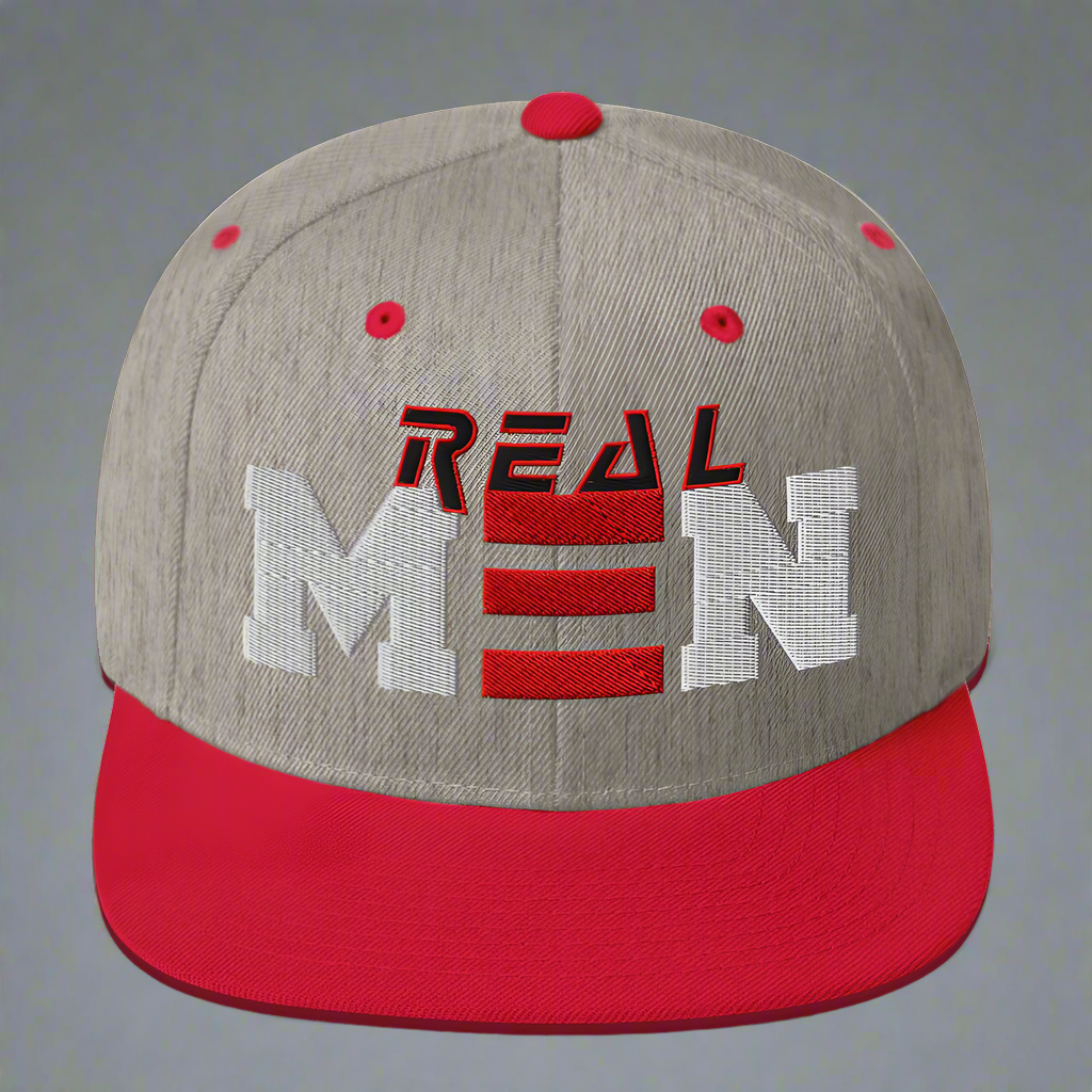 Gray and red cap with 'REAL MEN' text on a white background
