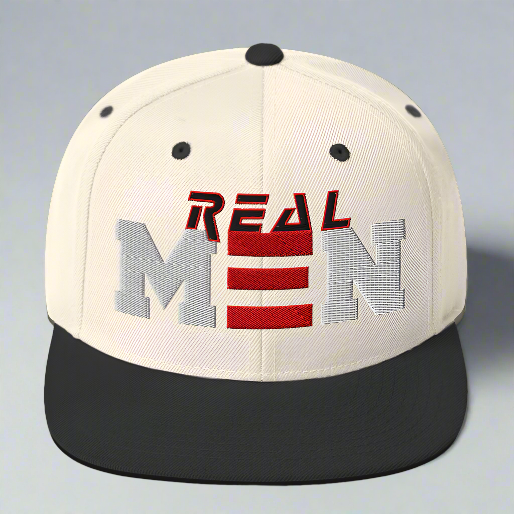 Cap with 'Real Men' text on a natural background