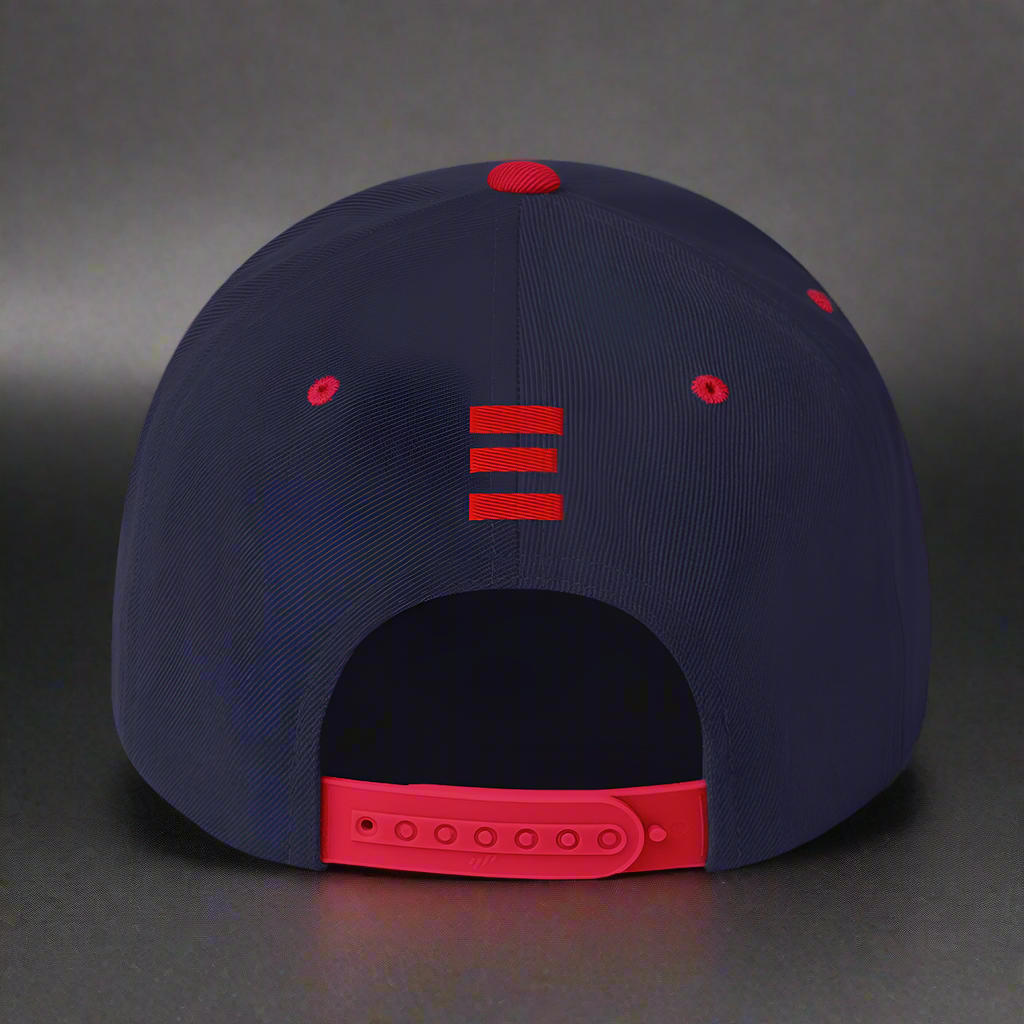 Navy blue cap with red accents on a white background