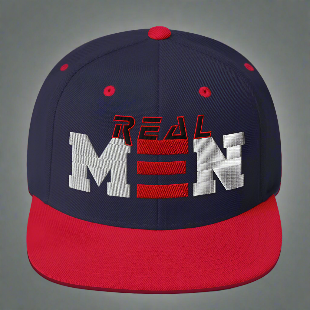 Navy and red cap with 'REAL MEN' text on a white background