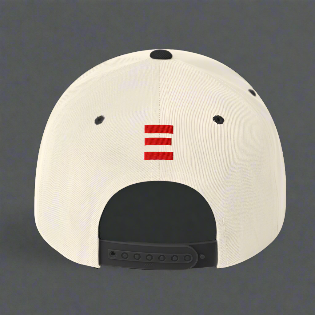 Beige cap with a red and black logo on the back against a white background