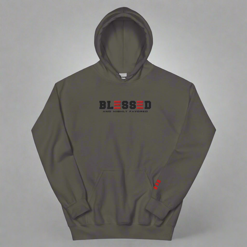 blessed and highly favored charcoal hoodie