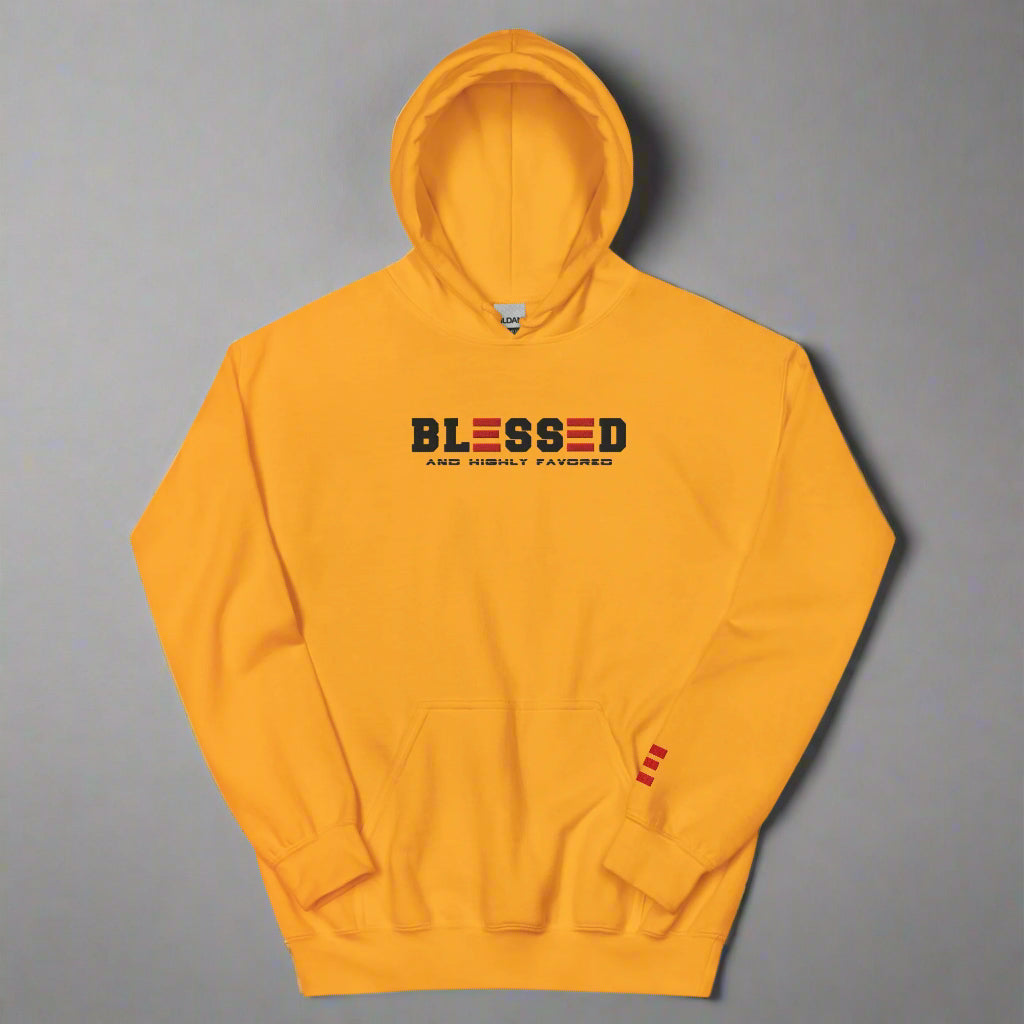 blessed and highly favored gold hoodie
