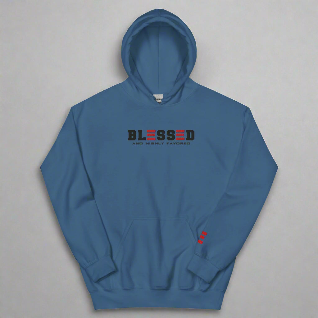 blessed and highly favored indigo blue hoodie