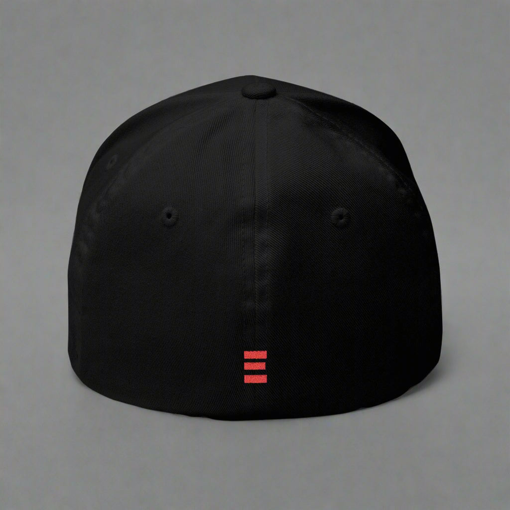 Black cap with a red logo on a grey background