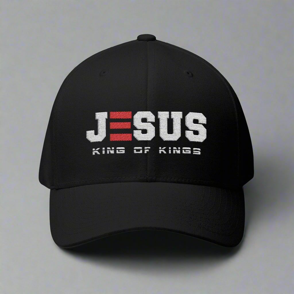 Black cap with 'Jesus King of Kings' text on a grey background