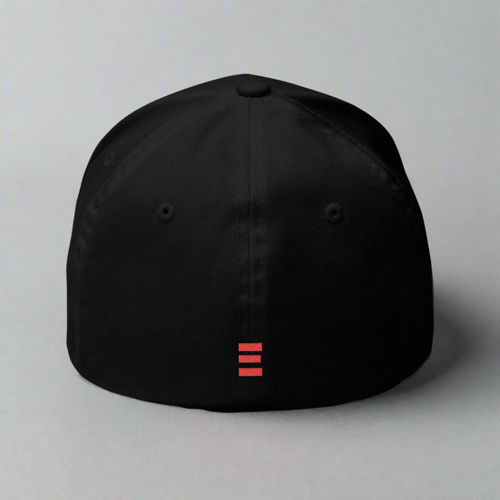 Black cap with a red logo on a gray background