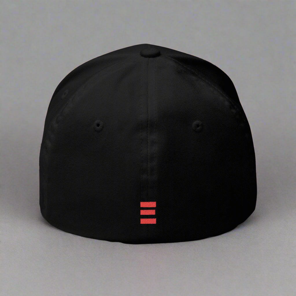 Black cap with a red logo on a grey background