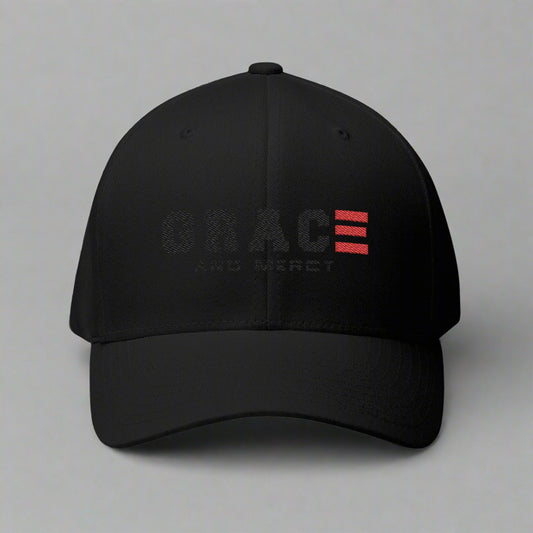Black cap with red and white logo on a grey background